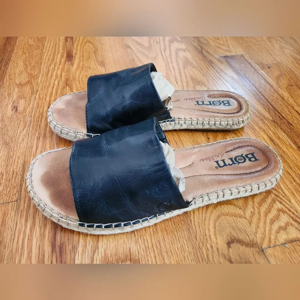 Born Black Leather Espadrille Slides